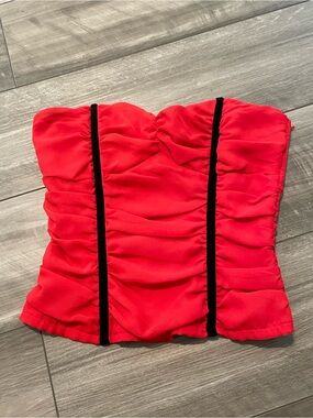 Red Strapless Ruching Bustier Top with Black Trim Size Small